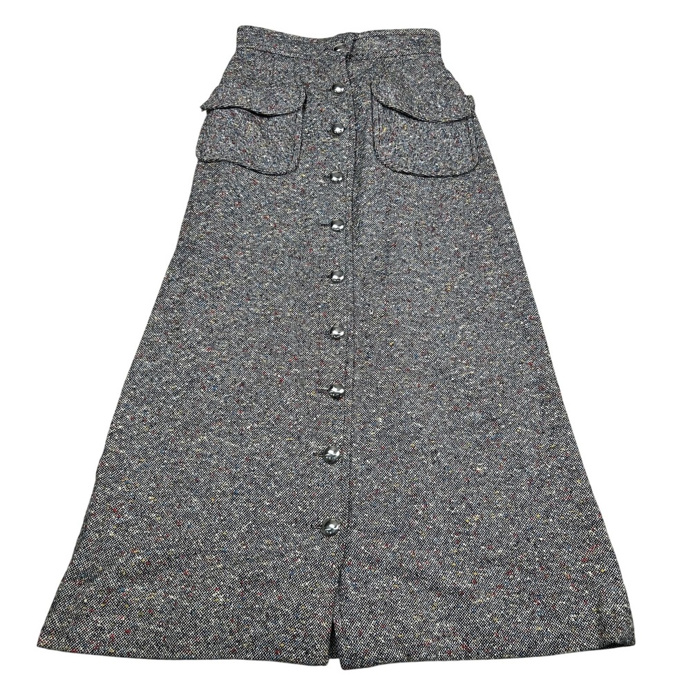 Herringbone Maxi Skirt 26 Gray Button Front Edwardian Victorian Academia